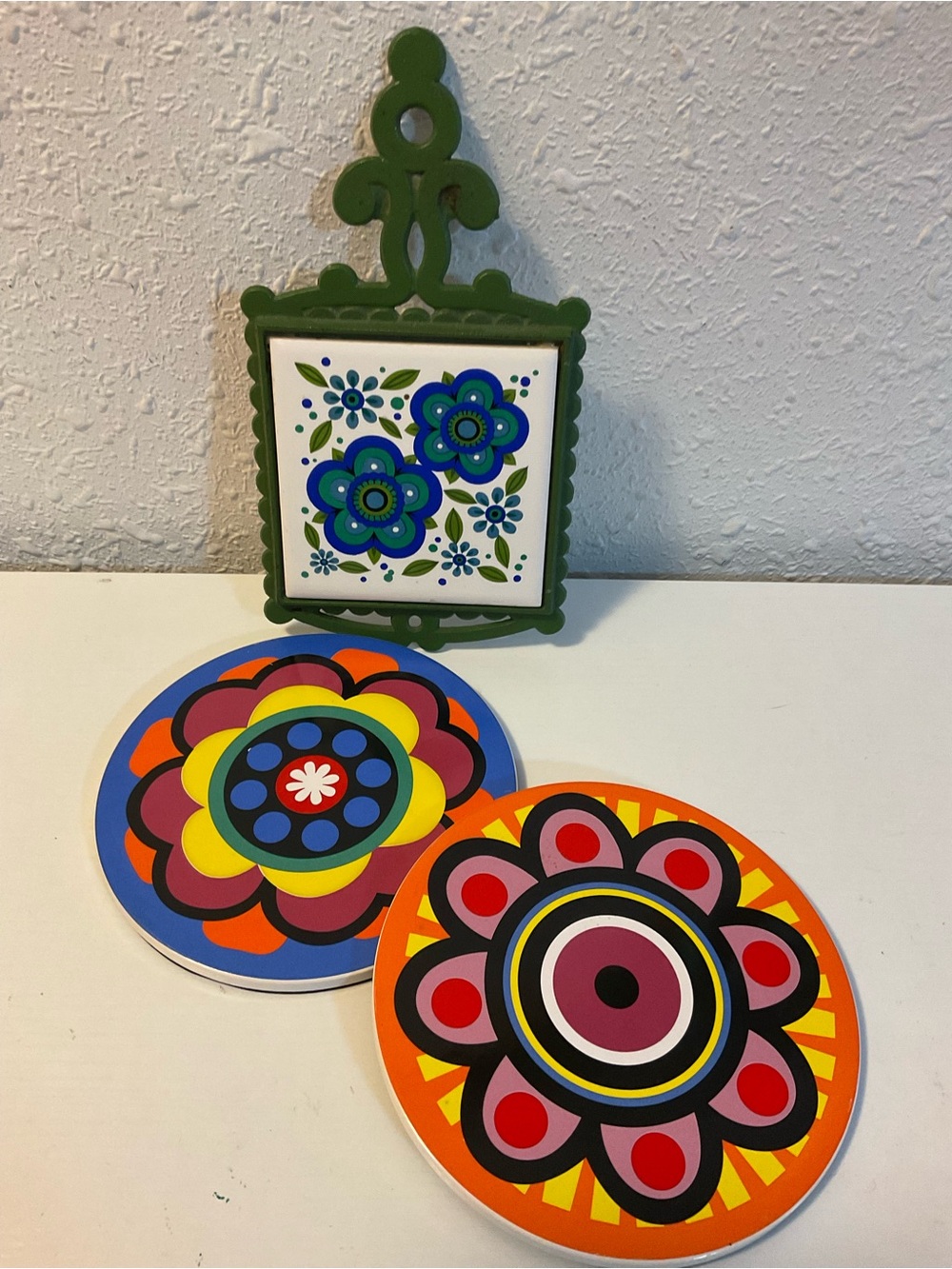 Set of 3 Vintage Japan Cast Iron Tile Trivet Wall Hanging Daisies Pansy MCM